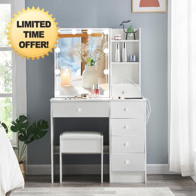 Koestem Makeup Vanity Table with Lighted Mirror and Power Strip