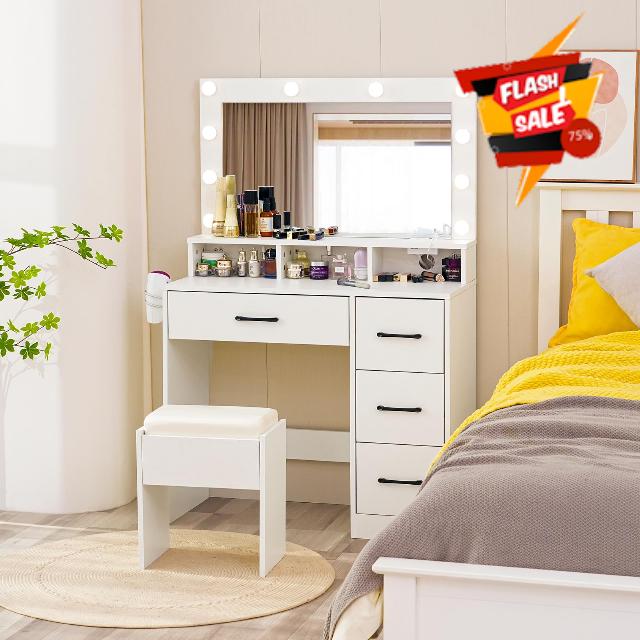 CCF Bedroom White Vanity Mirror with Lights Desk and Chair