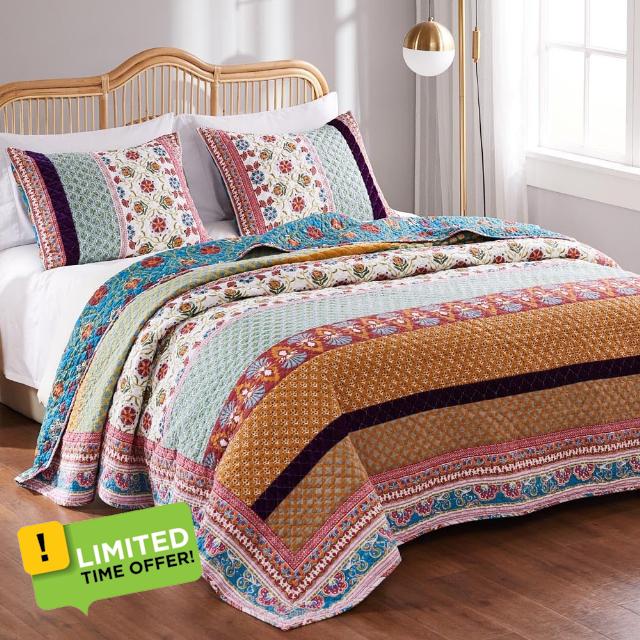 Quilt Set 100 Cotton 3 Piece with Shams Reversible Retro Bohemian Style Printed with Flowers Mandala Medallion Geometric Pattern Blue Red Yellow Luxury Bedding - King & Queen Size (Queen)