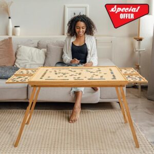 TEAKMAMA 27.6” Tall Wood Puzzle Table- 1500 Pieces Folding Puzzle Board with Drawers & Cover