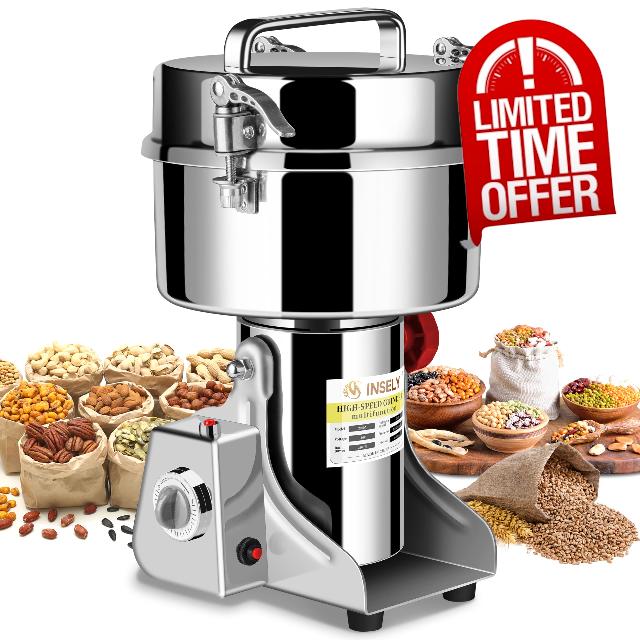 INSELY Grain Mill Grinder 2000g High Speed Food Grain Mill Stainless Steel Seeds Flour Nut Pill Wheat Corn Herbs Spices & Seasonings Dry Grinder Electric Machine