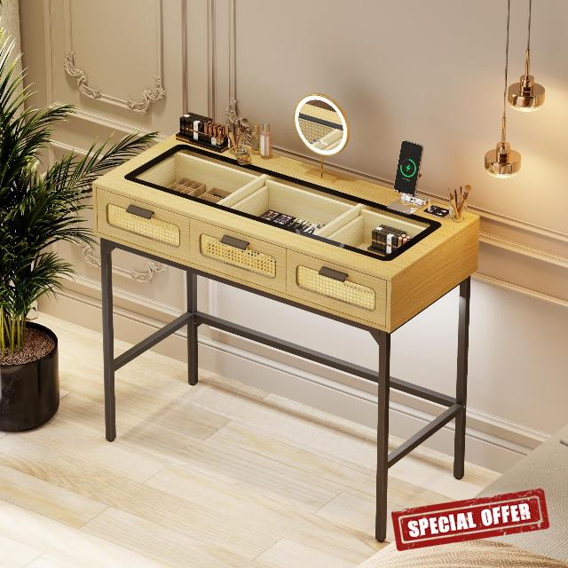 FREDEES Makeup Vanity with LED Lights - Vanity Desk with Glass Top Design & Charging Station
