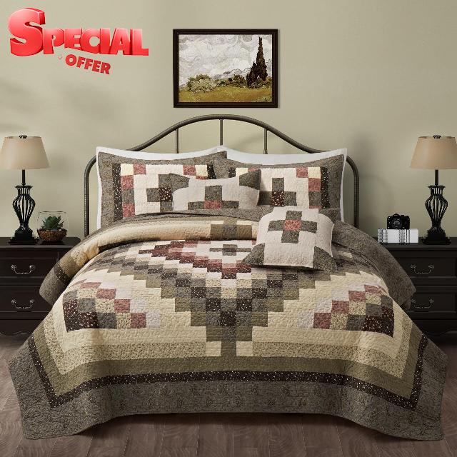 NELIFDER 5 Peice Patchwork King Size Quilt Set Green and Red Beige Plaid Bedspread 100% Cotton 106"x96" Handmade Farmhouse Country Bed Coverlets Set