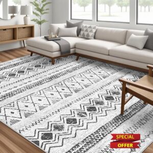 Boho Moroccan Area Rug 8x10 - Large Indoor Geometric Neutral Rug for Living Room Bedroom Dining Table Modern Home Office - Soft & Machine Washable Foldable Farmhouse Carpet - Grey