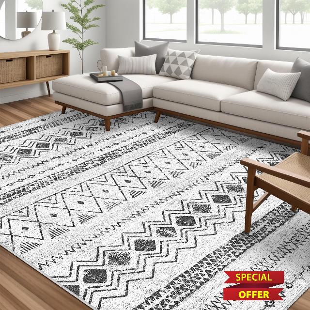 Boho Moroccan Area Rug 8x10 - Large Indoor Geometric Neutral Rug for Living Room Bedroom Dining Table Modern Home Office - Soft & Machine Washable Foldable Farmhouse Carpet - Grey