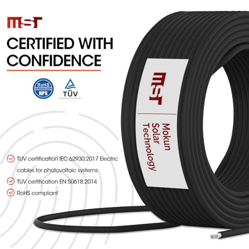 Tinned Stranded Copper Solar Wire/Cable for Solar Panel Extension & Photovoltaic Systems - 10AWG and 12AWG - Black and Red (Black