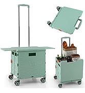COSTWAY Folding Shopping Trolley on Wheels, Height Adjustable Metal Grocery Utility Cart with Bac...