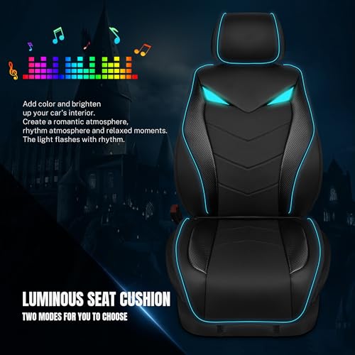 Sound-Activated Music Sync Little Monster Eye Cute Lighting Front Seat Cover Only Universal Fit for Sedans SUVs Vans Cars (Black and Mint Blue)