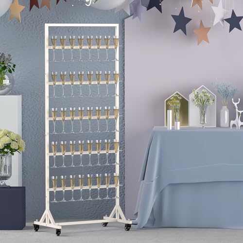 5-Tier White Metal Champagne Flutes Display Stand Hold 40 Glasses with Swivel Casters for Wedding
