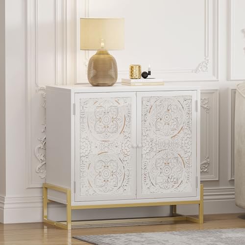 31.5 Inch Accent Storage Cabinet with 2 Carved Glass Doors and Metal Legs for Living Room