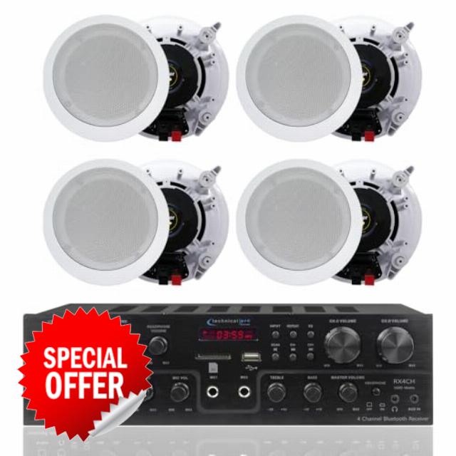 Technical Pro Home Theater System Kit 4 Channel 1000 Watts 4 Ceiling Wall Mount Speakers High-Performance 5.25'' Frame-Less 2-Way MidBass Woofer 0.5'' Mylar Tweeters - Flush Design for Crisp Sound