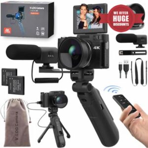 4K Digital Camera with Creator Accessory Kit 48MP Remote Control Vlogging Camera for Vloggers Autofocus Flip Screen Photography Cameras with Tripod Grip