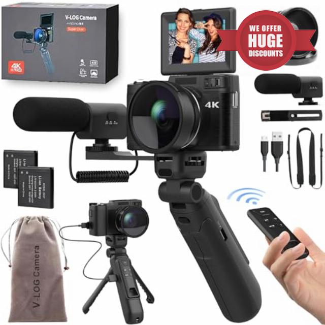 4K Digital Camera with Creator Accessory Kit 48MP Remote Control Vlogging Camera for Vloggers Autofocus Flip Screen Photography Cameras with Tripod Grip