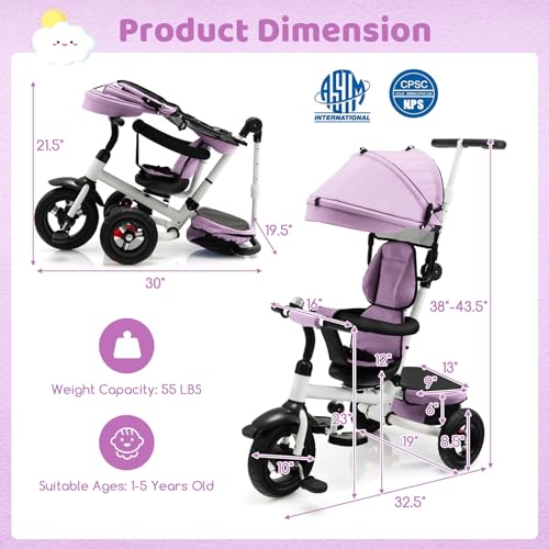 7 in 1 Folding Baby Trike Stroller w/Adjustable Handle & Canopy