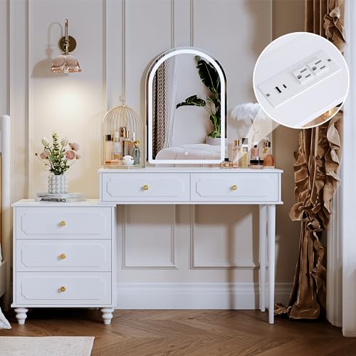 Modern Retractable Makeup Dressing Table with Power Strip,Adjustable Cabinet and 5 Sliding Drawers