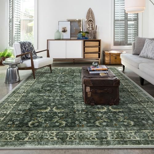 Washable Distressed Green Large Area Rug