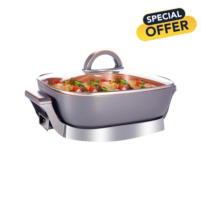 Extra-Deep Electric Skillet with Glass Lid - Nonstick Ceramic Pan with Removable Temperature Probe