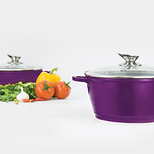 purple cookware, red cookware, black cookware, beige cookware, cream cookware, pot with handles