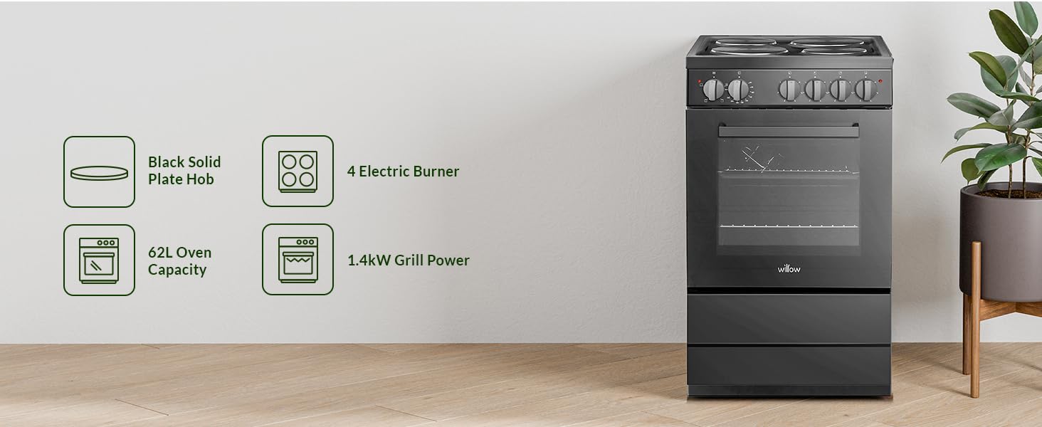 Willow cooker feature icons, 62l capacity , solid plate hob, 4 electric burners, 1.4kW grill power