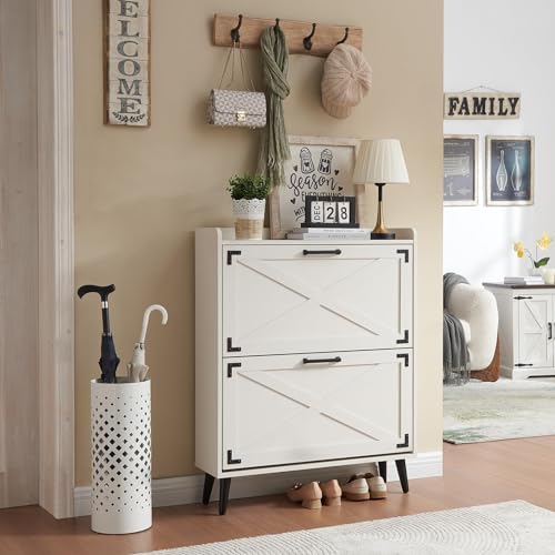 Farmhouse Shoe Organizer with 2 Flip Drawers & Barn Door Design