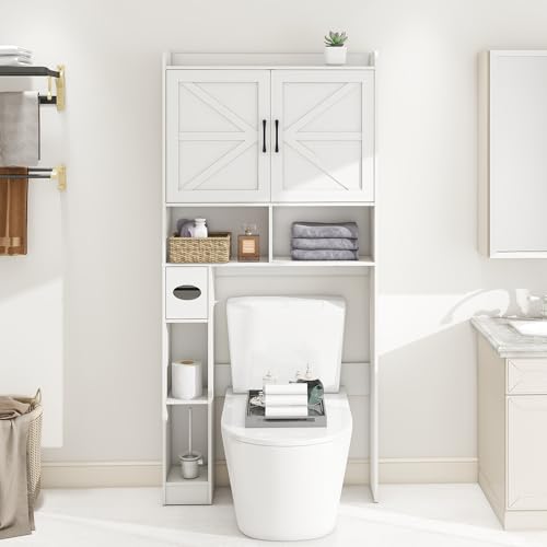 Farmhouse Storage Cabinet Over Toilet with 2 Barn Door & Toilet Paper Holder Stand,Home Space-Saving Toilet Rack