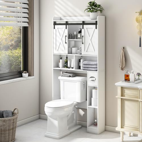 Farmhouse Storage Cabinet Over Toilet with Barn Door,Home Space-Saving Toilet Rack