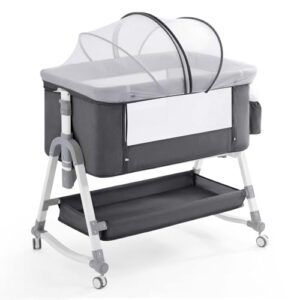 Easy Folding Portable Bedside Crib with Comfy Mattress and Wheels