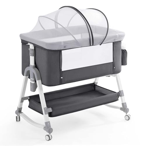 Easy Folding Portable Bedside Crib with Comfy Mattress and Wheels