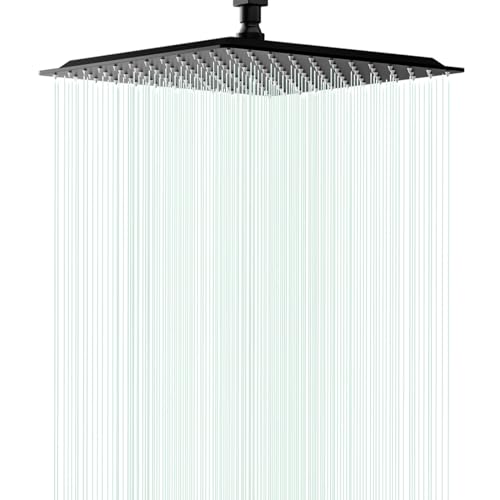 Waterfall Bathroom Square Showerhead with Soild Brass Pivot Ball - Ceiling or Wall Mount (12" Matte Black)