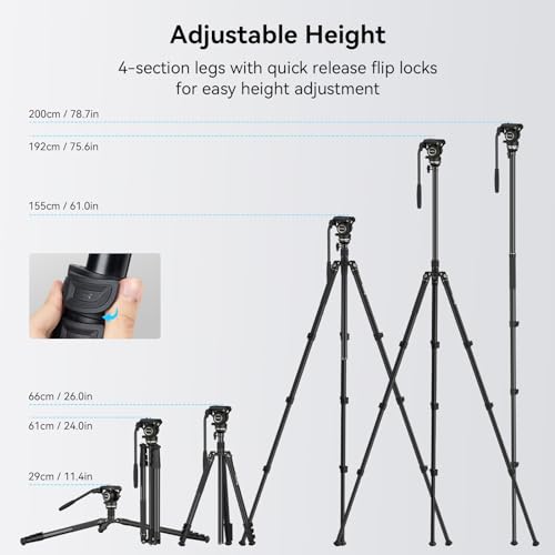 75" Video Camera Tripod Monopod with +/-15° Leveling Base Fluid Head
