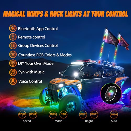 Remote & App Control w/DIY Chasing Patterns Stop Turn Reverse Light Safety Antenna Lighted Whips for ATV UTV