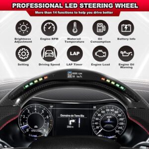 3K Carbon Fiber D-shaped Flat-bottom with LED Shift Indicator Light Display Perforated Leather Grip Compatible with Dodge/Jeep Grand Cherokee/SXT/GT/RT/SRT/HELLCAT