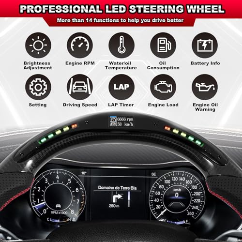 3K Carbon Fiber D-shaped Flat-bottom with LED Shift Indicator Light Display Perforated Leather Grip Compatible with Dodge/Jeep Grand Cherokee/SXT/GT/RT/SRT/HELLCAT
