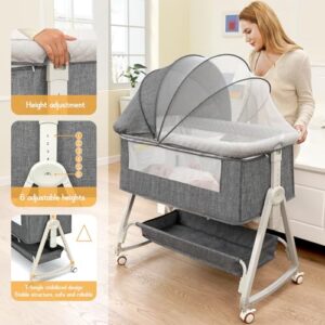 3 in 1 Bassinet，Adjustable Height Bassinet Bedside Sleeper Bedside Sleeper with Storage Basket and Wheels，Safety CPC Certified
