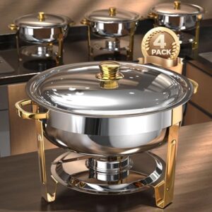 5QT [Worry-Free Assemble] Round Chafing Dish Buffet Set [Elegant Gold and Silver Colors] Stainless Steel Chafers and Buffet Warmers Sets for Parties with Complete Set