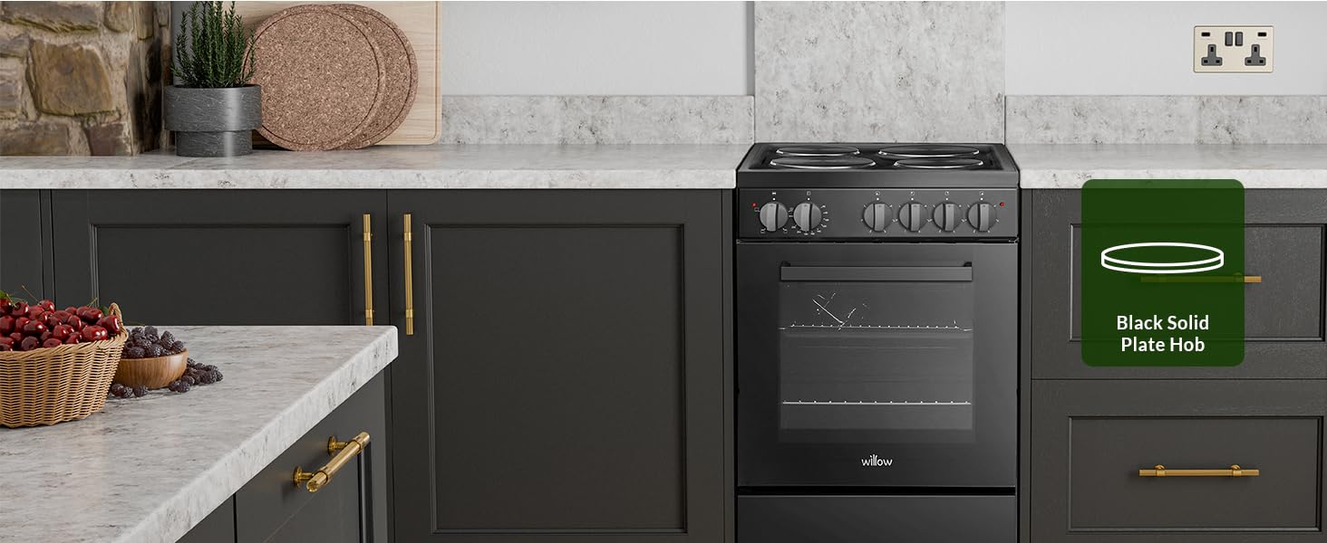 Willow electric cooker in black kitchen setting showing the black solid plate hob