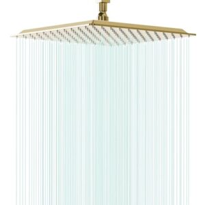 Waterfall Bathroom Square Showerhead with Soild Brass Pivot Ball - Ceiling or Wall Mount (12" Brushed Gold)
