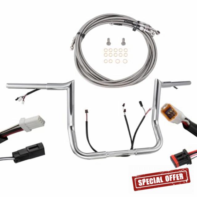 PRE-WIRED 12" Fat Monkey Bagger Handlebar 1.25" Meathook Handlebar and Cables & Wires Kit for 2017-2020 Harley Touring Street Glide/Electra Glide/Ultra Limited
