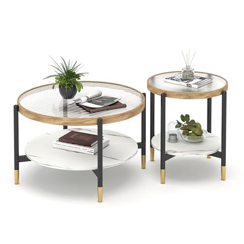 Wood Circle Glass Coffee Table with Storage Shelf & Metal Frame