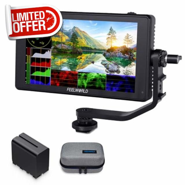 FEELWORLD LUT6 6 Inch 2600nits DSLR Camera Field Monitor with F970 6600mAh Battery and Cage