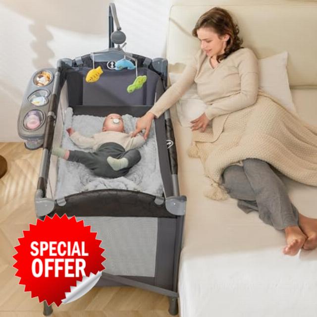 RONBEI Baby Bedside Sleeper Bassinet Playpen Playards with Changing Table