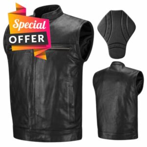 ILM Motorcycle Leather Vest for Men with Concealed Carry Pockets Cowhide Riding Vest with Removable CE Armor Model VL1