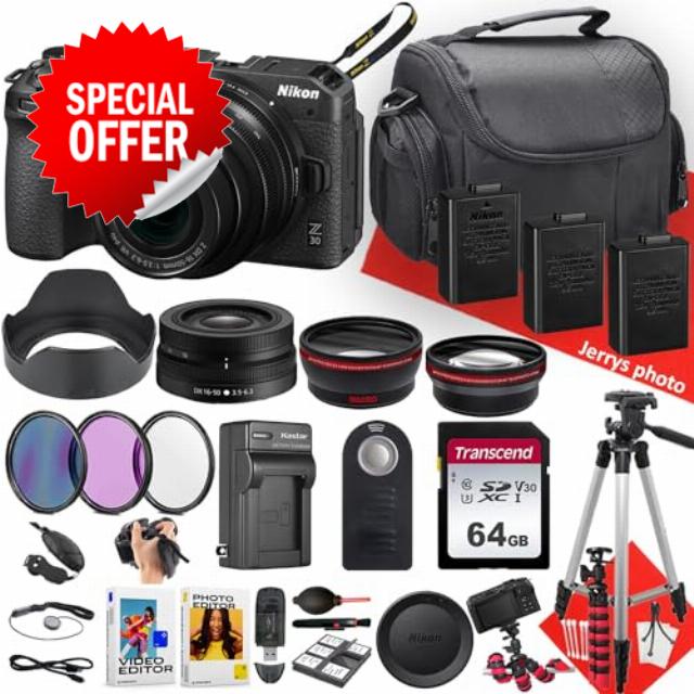 Nikon Z30 Mirrorless Camera with NIKKOR Z DX 16-50mm F/3.5-6.3 VR Lens + 64GB Memory + 2PC Extra Battery + Remote Control + Filters + Tripod + More (31pc Bundle)