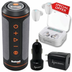 Bushnell Wingman 2 GPS Golf Speaker with White Earbuds +Wall/Car Adapters Bundle