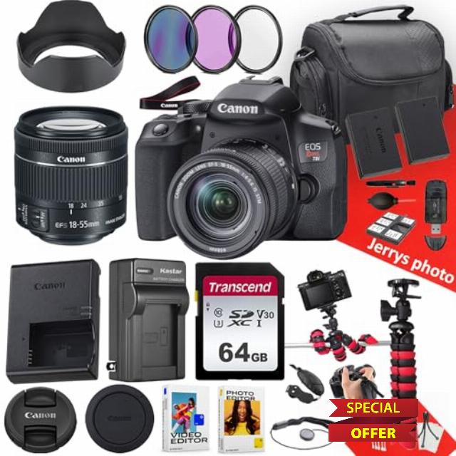 Canon EOS Rebel T8i / 850D DSLR Camera with Canon EF-S 18-55mm f/4-5.6 is STM Lens + 64 GB Memory + Hood + Extra Battery + Battery Charger + Filters + More (26pc Bundle) (Renewed)