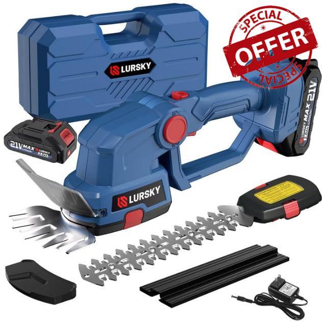 Cordless Hedge Trimmer-Garden Maintenance 2-in-1 21V Grass Shear and Shrub Trimmer 2.0Ah Batteries Charger(Dark Blue&2*Batteries)