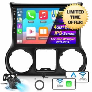 [8-Core 4+64G] Car Radio for Jeep Wrangler 2011 2012 2013 2014 - Wireless Carplay & Android Auto - 10.1 inch IPS Touchscreen Android 13 Stereo - DSP/32EQ/59 UI Themes/WiFi/1280*720 + AHD Backup Camera