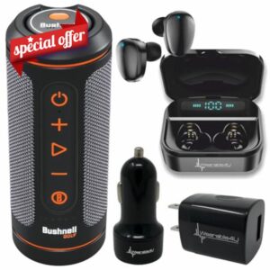 Bushnell Wingman 2 GPS Golf Speaker with Black Earbuds +Wall/Car Adapters Bundle