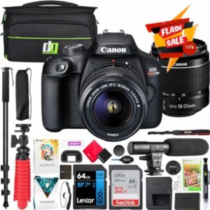 Canon EOS Rebel T100 / 4000D DSLR Camera Digital SLR Body with EF-S 18-55mm F3.5-5.6 III Lens Kit 2628C029 Bundle with Deco Gear Photography Bag + Microphone + Monopod + Software Set & Accessories