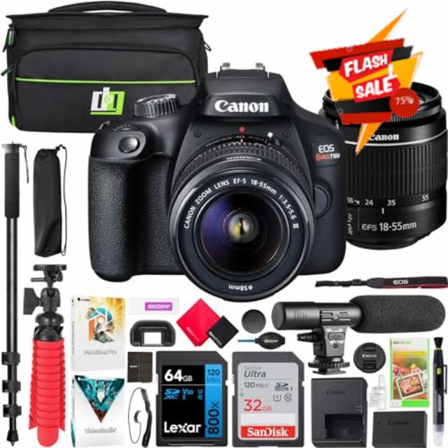 Canon EOS Rebel T100 / 4000D DSLR Camera Digital SLR Body with EF-S 18-55mm F3.5-5.6 III Lens Kit 2628C029 Bundle with Deco Gear Photography Bag + Microphone + Monopod + Software Set & Accessories